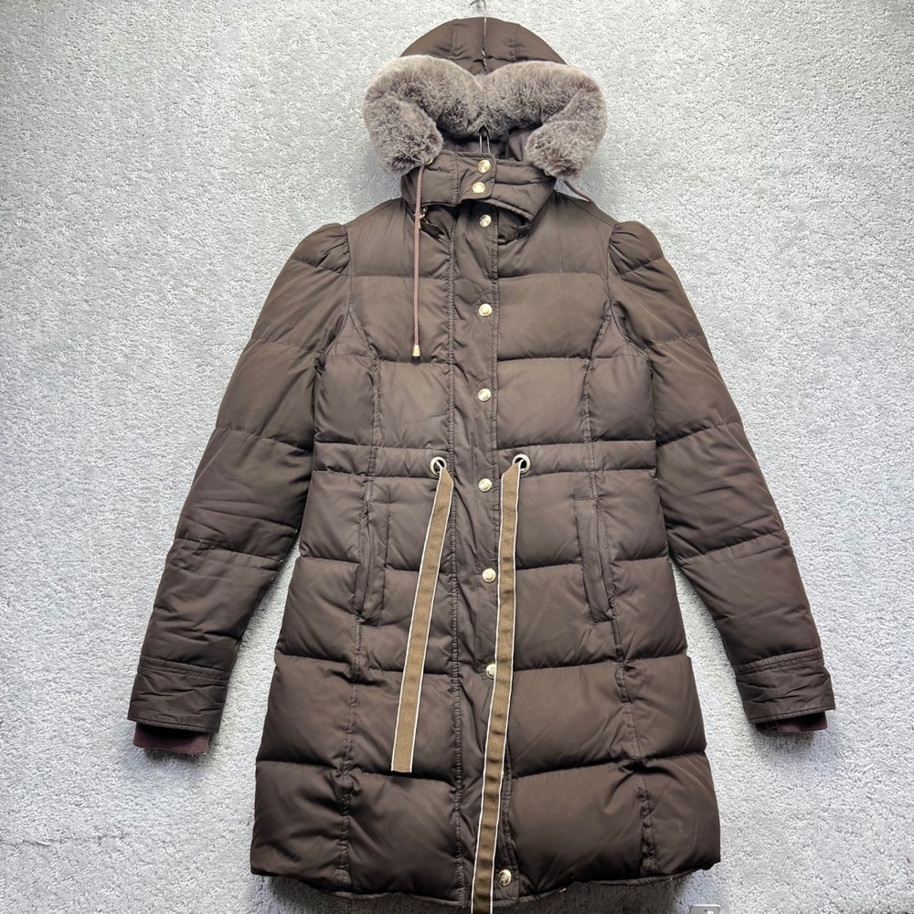 Juicy Couture Puffer Jacket Womens Small Brown Down Longline Faux Fur Hood Y2k
